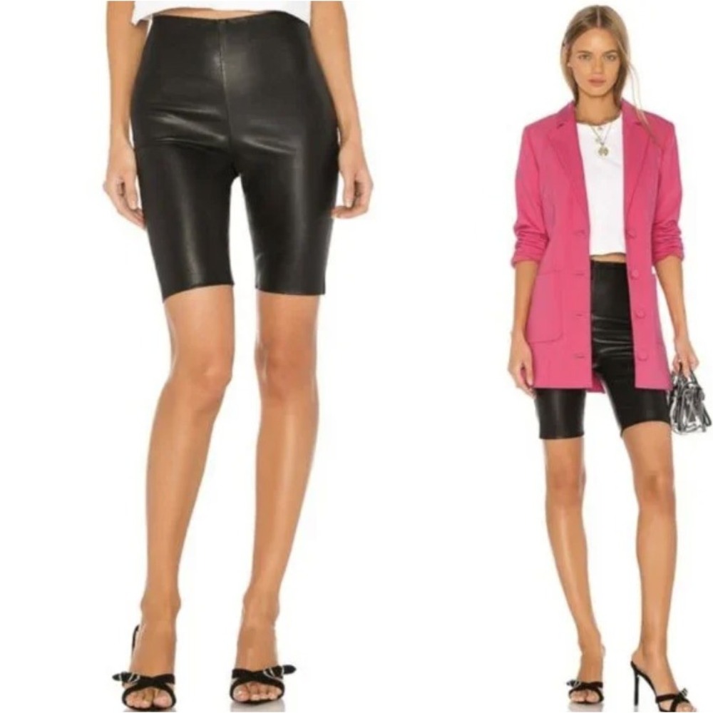 GRLFRND Carter Black 100% Leather High Waisted Biker Shorts XXS Side Zip‎